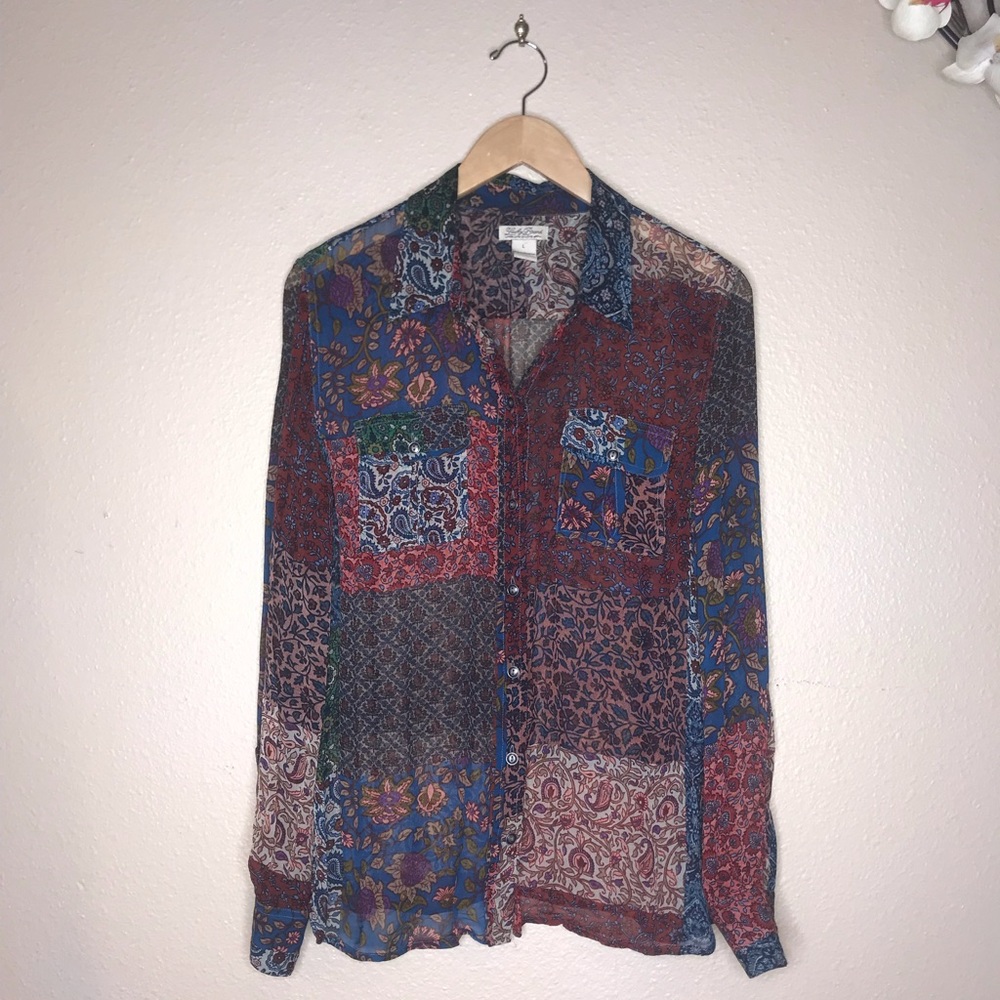 Lucky Brand women’s long sleeved patchwork blouse flawless